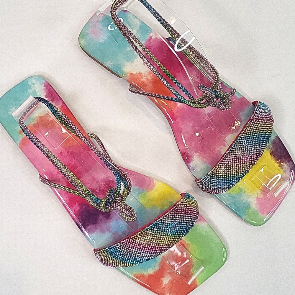 NEW Rainbow Glitter Rhinestone Dopaminecore Beaded  Women's Flat Sandal